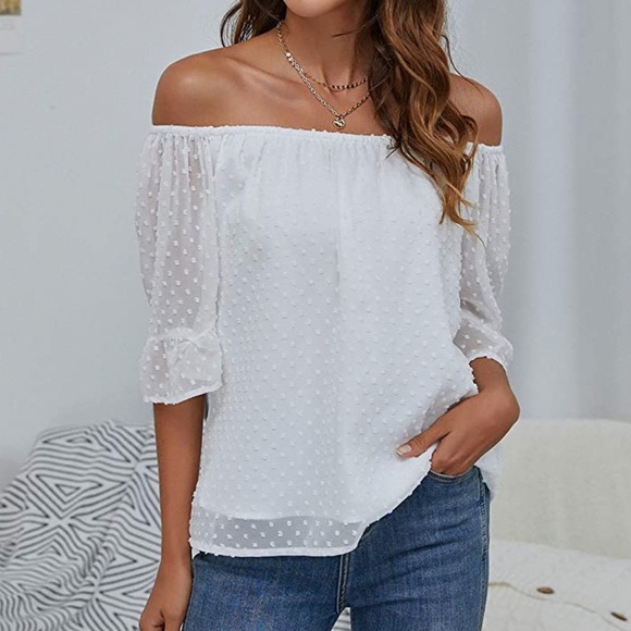 Women’s Off Shoulder Top Chiffon Blouse Elegant Polka Dot Ruffle Casual Shirt XL - Picture 2 of 6